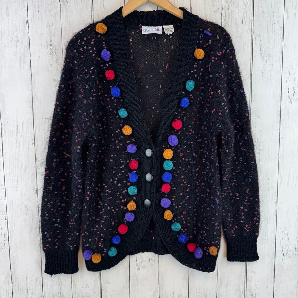 VTG Caroll Black Multi Polka Dot Pom-Poms Mohair-Acrylic Cardigan Size Large